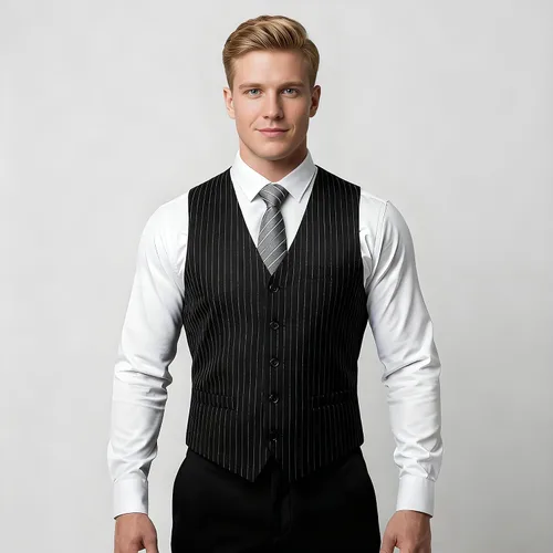 Vista 4 de BABEYOND Chaleco de traje para hombre, chaleco ajustado, chaleco de vestir de negocios para traje de esmoquin Rayas negras