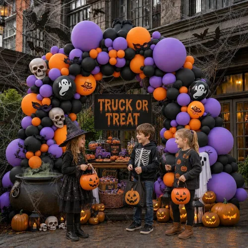 Vista 5 de Kit de arco de globos de color morado y naranja, guirnalda de globos de doble relleno, color morado y naranja quemado, negro, para Halloween
