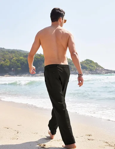 Vista 3 de COOFANDY Pantalones casuales de lino para hombre, cintura elástica, con cordón, pantalones de playa, ligeros, holgados, con bolsillos