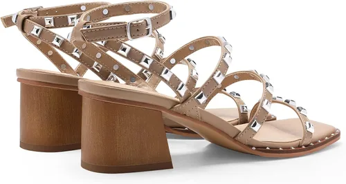 Vista 4 de DREAM PAIRS - Tacones con tachuelas de diamantes de imitación para mujer, tacones gruesos, de punta cuadrada, zapatos de boda, zapatos de tacón