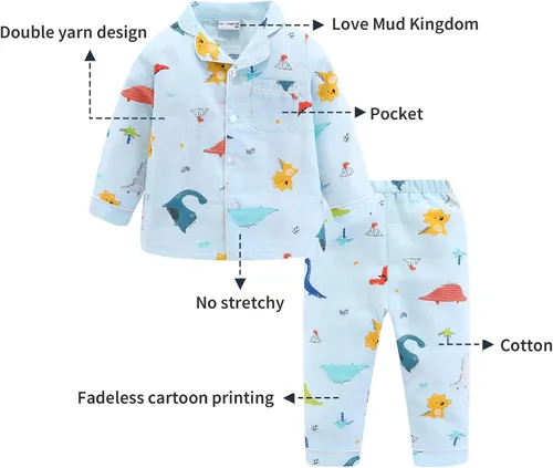 Vista 2 de Mud Kingdom Conjunto de pijama Boutique para niñas y niños, ropa de dormir de manga larga con cuello