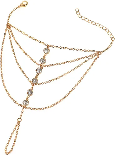 Vista 20 de Suyi Pulsera de anillo de dedo, arnés de mano, pulsera de cadena de diamantes de imitación, regalos para mujeres 2 piezas oro