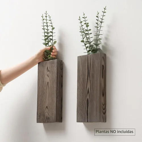Vista 6 de GRID FORTE Juego de 2 macetas de pared de madera de nogal oscuro, bolsillo de pared para vegetación y flores secas, decoración de pared de granja