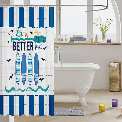 Vista 3 de Erosebridal Cortina de ducha náutica para niños y niñas, juego de cortinas de ducha de baño azul y blanco océano 72 x 72 pulgadas, cortina de ducha