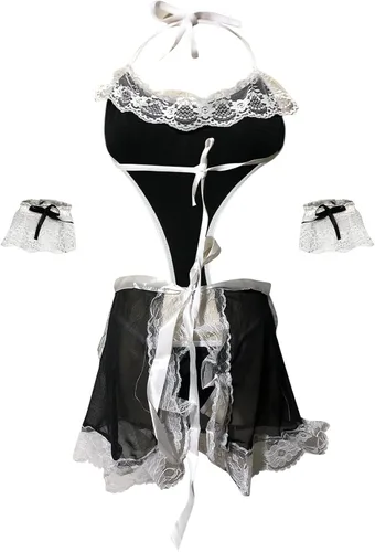 Vista 3 de Conjunto de lencería sexy para mujer con ribete de encaje y gargantilla A119