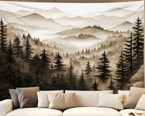 Vista 19 de QGHOT Tapiz de bosque brumoso, tapiz de montaña natural para colgar en la pared, paisaje de acuarela verde salvia, arte de pared para dormitorio