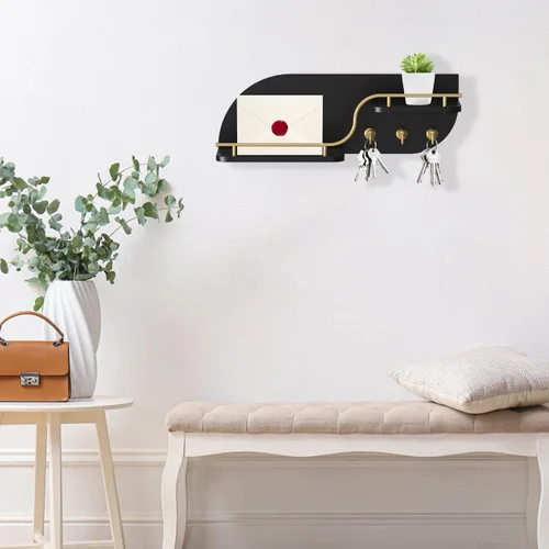 Vista 3 de Soporte para llaves de pared, organizador decorativo de llaves y correo con 3 ganchos de metal y 2 estantes, estante de llaves de madera montado