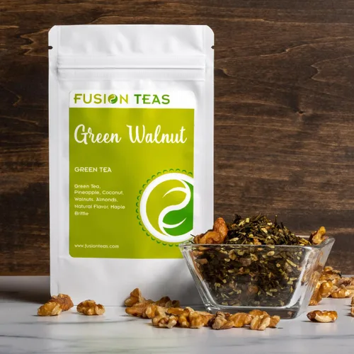 Vista 5 de Té verde de nuez verde con piña, coco, almendras y arce - Té de sencha gourmet de hojas sueltas - Bolsa de 4 onzas