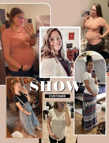 Vista 5 de Ekouaer Camisas de maternidad para mujer, paquete de 3 unidades, camiseta de embarazo fruncida lateral, blusa tipo túnica, casual, ropa para mamá
