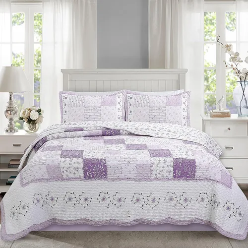 Vista 6 de Cozy Line Home Fashions - Juego de ropa de cama reversible de 100% algodón con diseño de patchwork real, estilo cottage francés, floral, colcha
