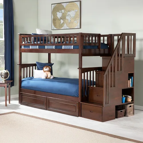 Vista 4 de Cama Atlantic Furniture tipo litera con escalera Columbia y cajones de cama en panel elevado, Madera, Nogal Antiguo