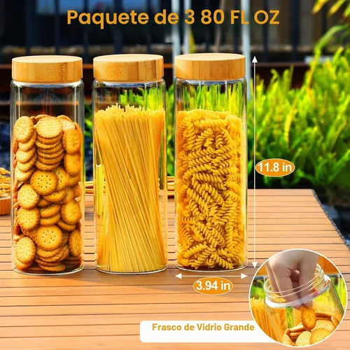Vista 2 de Botes de vidrio con tapas herméticas de bambú - Juego de 3 envases de 80oz para cereales, frascos para galletas, almacenamiento de pasta - Tarros