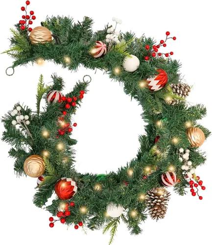 Vista 9 de Guirnalda de Navidad Preencendida de 6 Pies, Decoraciones Navideñas, Guirnalda Iluminada a Batería para Interiores con Bayas Rojas, Bolas