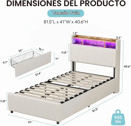 Vista 2 de LIKIMIO Marco de cama individual con 2 cajones de almacenamiento, estación de carga y luces LED, cama plataforma individual tapizada con cabecera