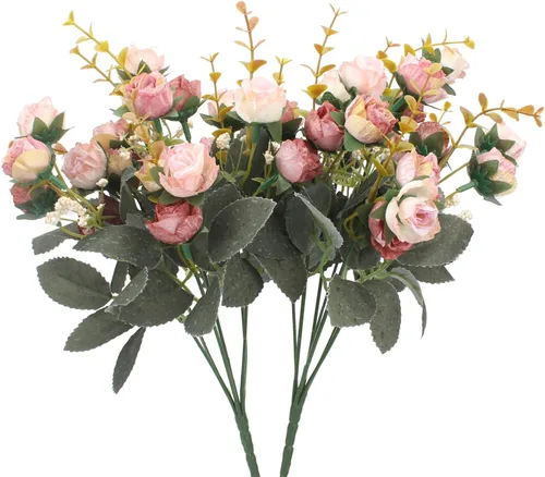 Vista 10 de Duovlo 7 ramas de 21 cabezas de rosas artificiales, ramo de flores artificiales para decoración de boda, hogar, oficina, paquete de 2