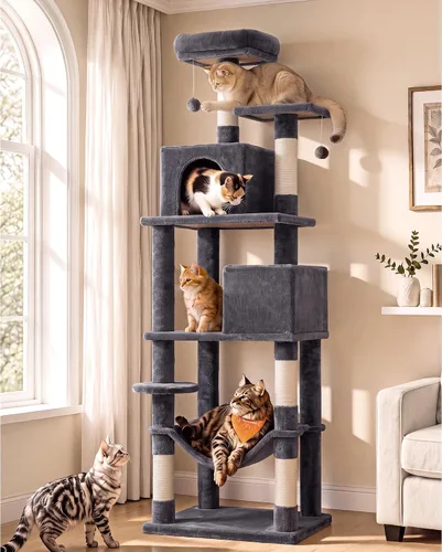 Vista 20 de Feandrea Cat Tree, 59.5-Inch Tall Cat Tower, Multi-Level Condo, Smoky Gray Gris ahumado (Smoky Gray)