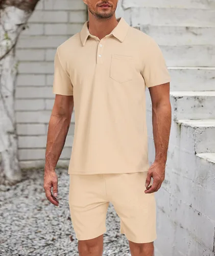 Vista 3 de Conjunto de camisa polo y pantalones cortos para hombre, conjunto de 2 piezas, de verano, casual, de punto gofre, de manga corta, para hombre