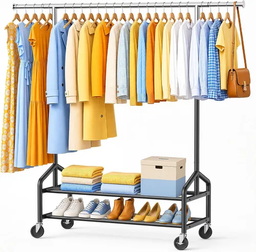 Vista 15 de Heavy Duty Clothes Rack, Rolling Clothing Rack Load 650 LBS for Hanging Clothes with 2 Sturdy Shelves, Metal Garment Rack with Wheels for Bedroom