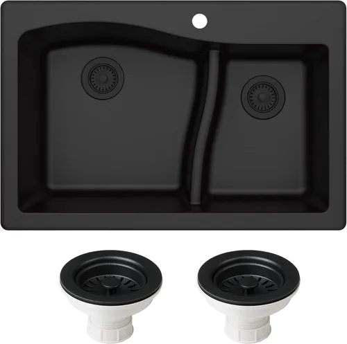 Vista 18 de Kraus Quarza - Fregadero de cocina de doble seno 60/40 de granito de instalación empotrada/sobre encimera, 33 pulgadas, color negro, KGD-442BLACK