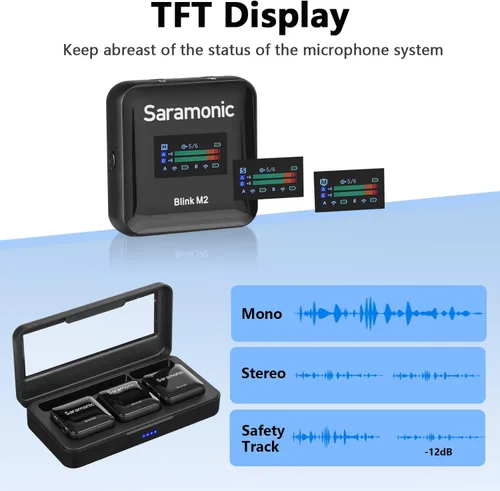 Vista 4 de Saramonic Blink M2 - Micrófono inalámbrico Lavalier para cámaras, grabación integrada, rango de 656 pies, duración de la batería de 12 horas