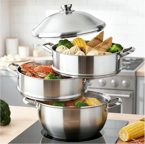 Vista 8 de LOLYKITCH Olla de Stock de Acero Inoxidable de Tres Capas de 3 QT con Tapa y Vaporera, Olla de Cocina por Inducción, Utensilios de Cocina al Vapor