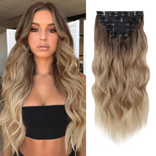 Vista 27 de WECAN Extensión de cabello con clip, de 20 pulgadas, mezcla de rubio ceniza y rubio decolorado, 6 piezas, extensiones de cabello largo ondulado