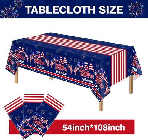 Vista 5 de Kelool Decoraciones del 250 aniversario de Estados Unidos, paquete de 3 manteles patrióticos de 54 x 108 pulgadas, mantel rectangular desechable