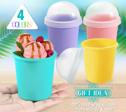 Vista 5 de Webake Recipientes de silicona para helados con tapas, 6 onzas, reutilizables para helado casero, a prueba de fugas, sin BPA, juego de 4