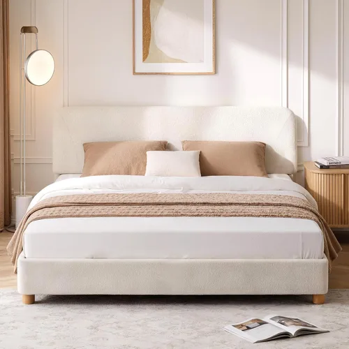 Vista 8 de Estructura de cama en forma de nube BERRY NEST, estructura de cama suave de bouclé con cabecero ajustable, patas de madera maciza, diseño