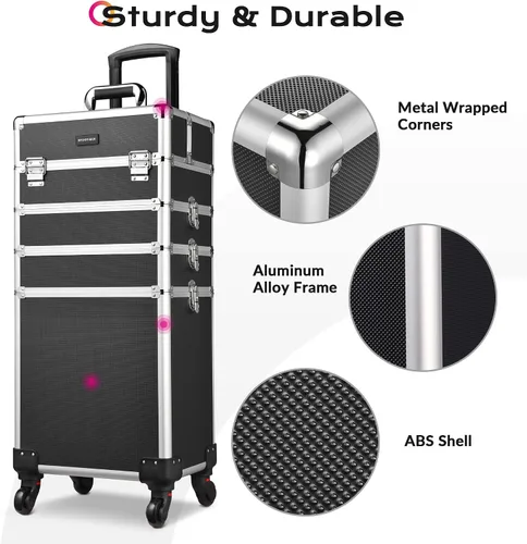 Vista 5 de BYOOTIQUE - Estuche de maquillaje clásico negro 4 en 1 con cerradura cosmética para artista de maquillaje, estuche de tren de viaje