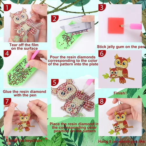 Vista 3 de Augisteen Kit de 12 llaveros de pintura de diamantes, adornos artísticos de diamantes de doble cara 5D, llaveros de diamantes DIY, colgantes