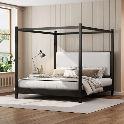 Vista 13 de VilroCaz Cama moderna de plataforma con dosel de tamaño Queen con cabecera capitoné de canal de tapicería, base de cama de metal con 4 carteles