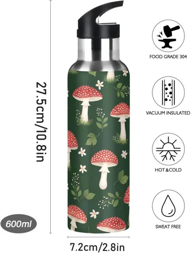 Vista 9 de Insulated Stainless Steel Water Bottle with Straw 32 Oz, BPA-Free Sport Water Bottle Insulated for Gym Outdoor Travel School, Cute Red Mushrooms