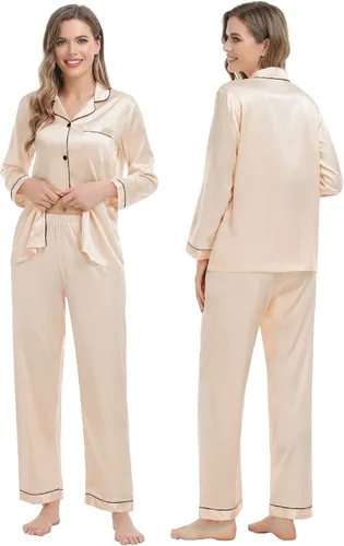 Vista 4 de SWOMOG Conjunto de pijama a juego para parejas, de satén de seda, con botones, ropa de dormir de manga larga, 2 piezas