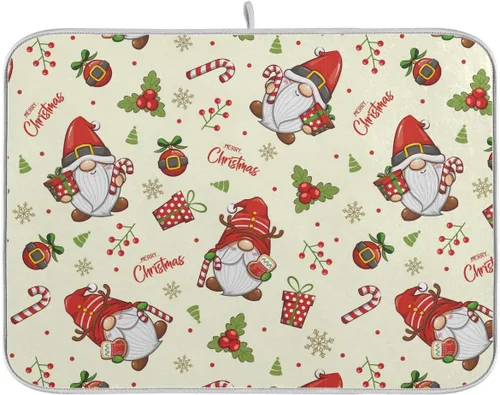 Vista 8 de Tapete de secado de platos rojo de Feliz Navidad para cocina, tapete de secado de microfibra blanca con copos de nieve, absorbente y reversible