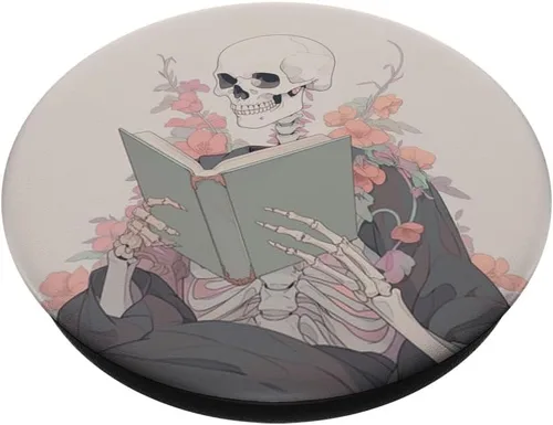 Vista 2 de Divertido libro de lectura de esqueleto, diseño gótico pastel, PopSockets, PopGrip intercambiable