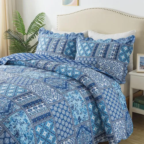 Vista 57 de Juego de cama de dos piezas, tamaño individual, de microfibra, reversible, de retazos, estilo floral, todas las estaciones, patrón de porcelana azul