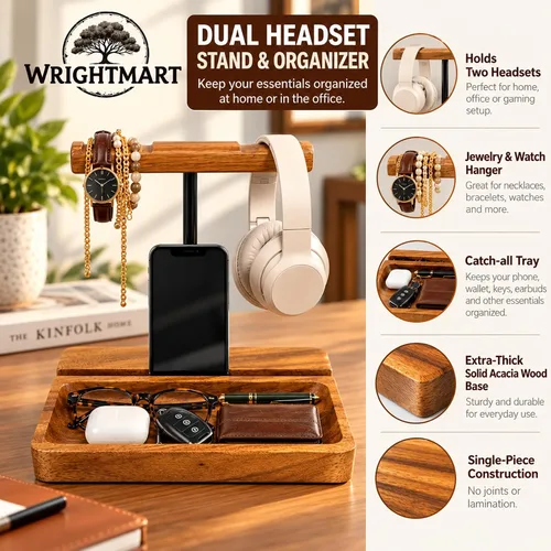Vista 4 de Soporte dual para auriculares, soporte de madera de acacia para 2