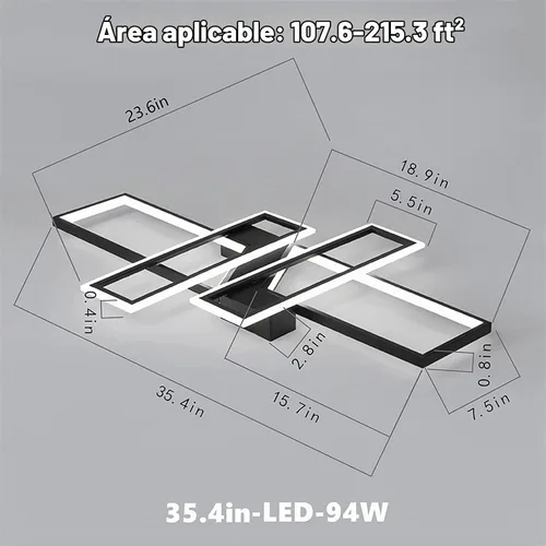 Vista 3 de Lámpara de Techo LED Moderna de 35.4", Luminaria Candelabro Regulable Negra de 94W, Rectangular, con Control Remoto Lámpara de Comedor, Lámparas