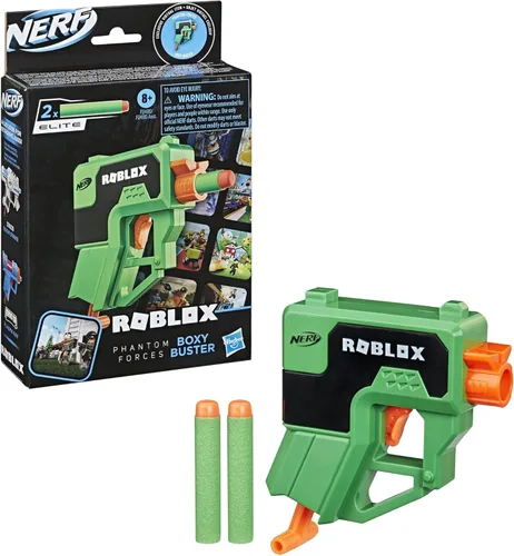 Vista 5 de Nerf Roblox Phantom Forces: Boxy Buster Dart Blaster, mango de cebado extraíble, 2 dardos de élite, código para desbloquear el objeto virtual