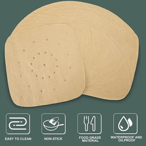 Vista 2 de 200 piezas de papel de pergamino para freidora de aire con revestimiento desechable de 8.5 pulgadas, perforado premium para freidora de aire