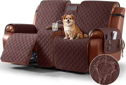 Vista 25 de Ruaozz Funda impermeable para sofá biplaza reclinable con consola, funda antideslizante para sofá reclinable dividido, con correas elásticas Beige