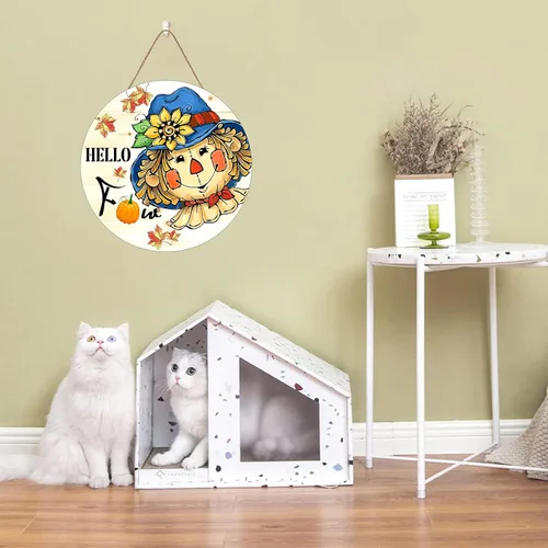 Vista 5 de Letrero de espantapájaros con texto en inglés "Hello Fall Scarecrow para decoración de puerta delantera, cosecha de otoño, hoja de arce para colgar