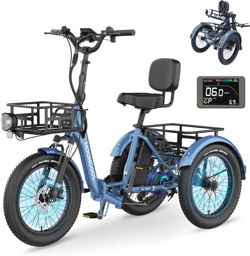 Vista 16 de MOONCOOL Triciclo eléctrico para adultos, 500 W/750 W 48 V, triciclo eléctrico plegable de potencia máxima 1100 W, neumático grueso de 20 x 3.0