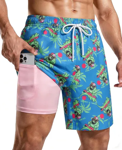Vista 20 de Bañador para hombre con forro de compresión de 7 pulgadas B-rayas azul-blancas