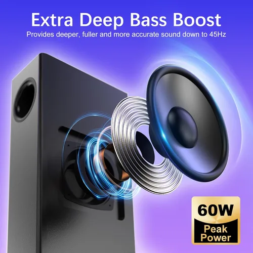 Vista 3 de Nylavee Altavoces de computadora con subwoofer, sistema de altavoces 2.1 para PC con Bluetooth 5.4 y entrada auxiliar de 3.5mm, potencia máxima
