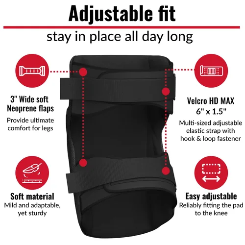 Vista 4 de PRO - Rodilleras estilo constructor con 3 niveles de protección, color negro, 1 par, tapa de plástico de soporte plano y cierres ajustables