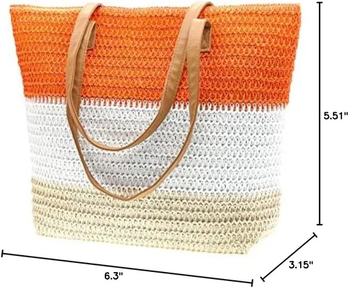 Vista 56 de Bolso grande de paja para mujer, tejido de ratán, bolso de playa de verano, a rayas