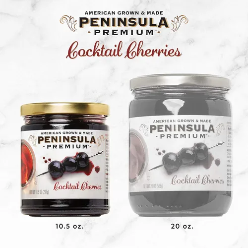 Vista 4 de Cerezas de cóctel Península Premium. Ganador de premios. Rojo borgoña intenso. Suave como la seda, rico jarabe. Lujoso sabor afrutado y agridulce.