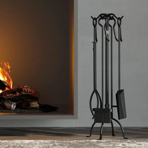 Vista 3 de Fire Beauty Juego de herramientas para chimenea de 5 piezas, juego de herramientas de hierro forjado resistente, color negro